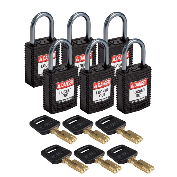 Padlock, Keyed Different, Black, 6 PK